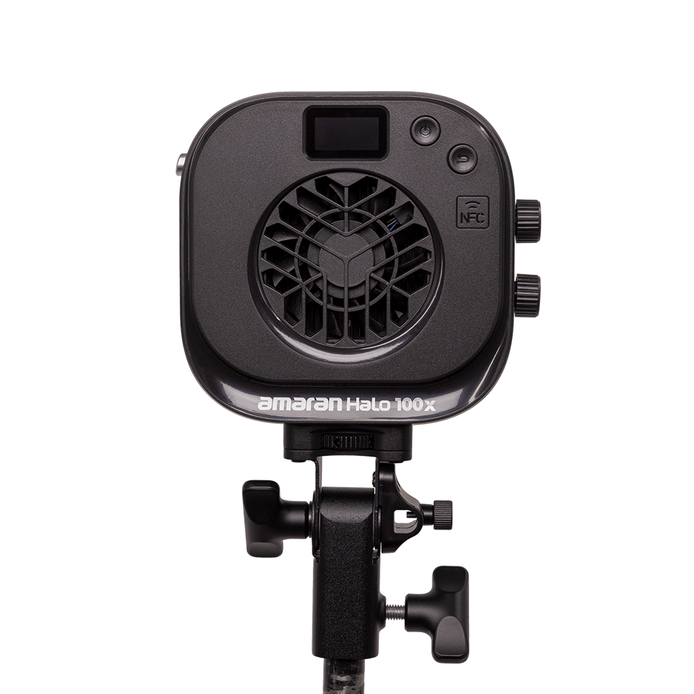 Black studio light with 'amaran Halo 100x' branding on a white background