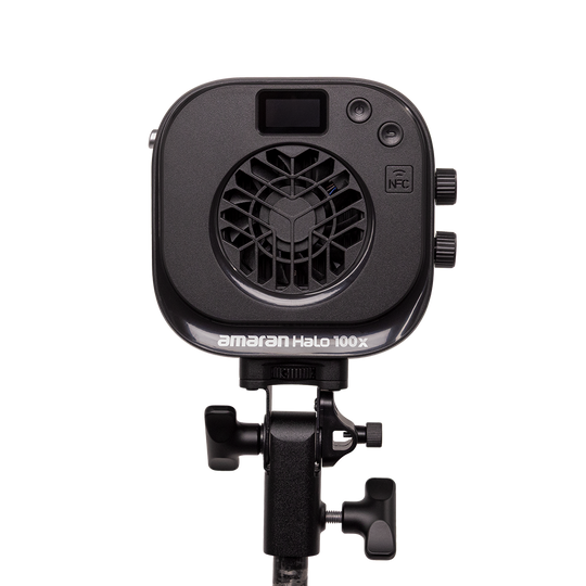 Black studio light with 'amaran Halo 100x' branding on a white background