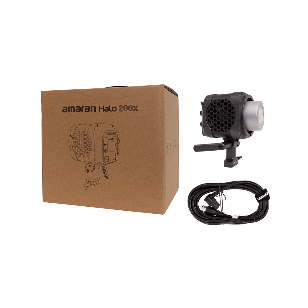 Amaran Halo 200x light with packaging on a white background