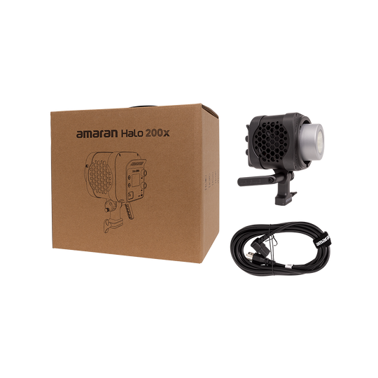 Amaran Halo 200x light with packaging on a white background