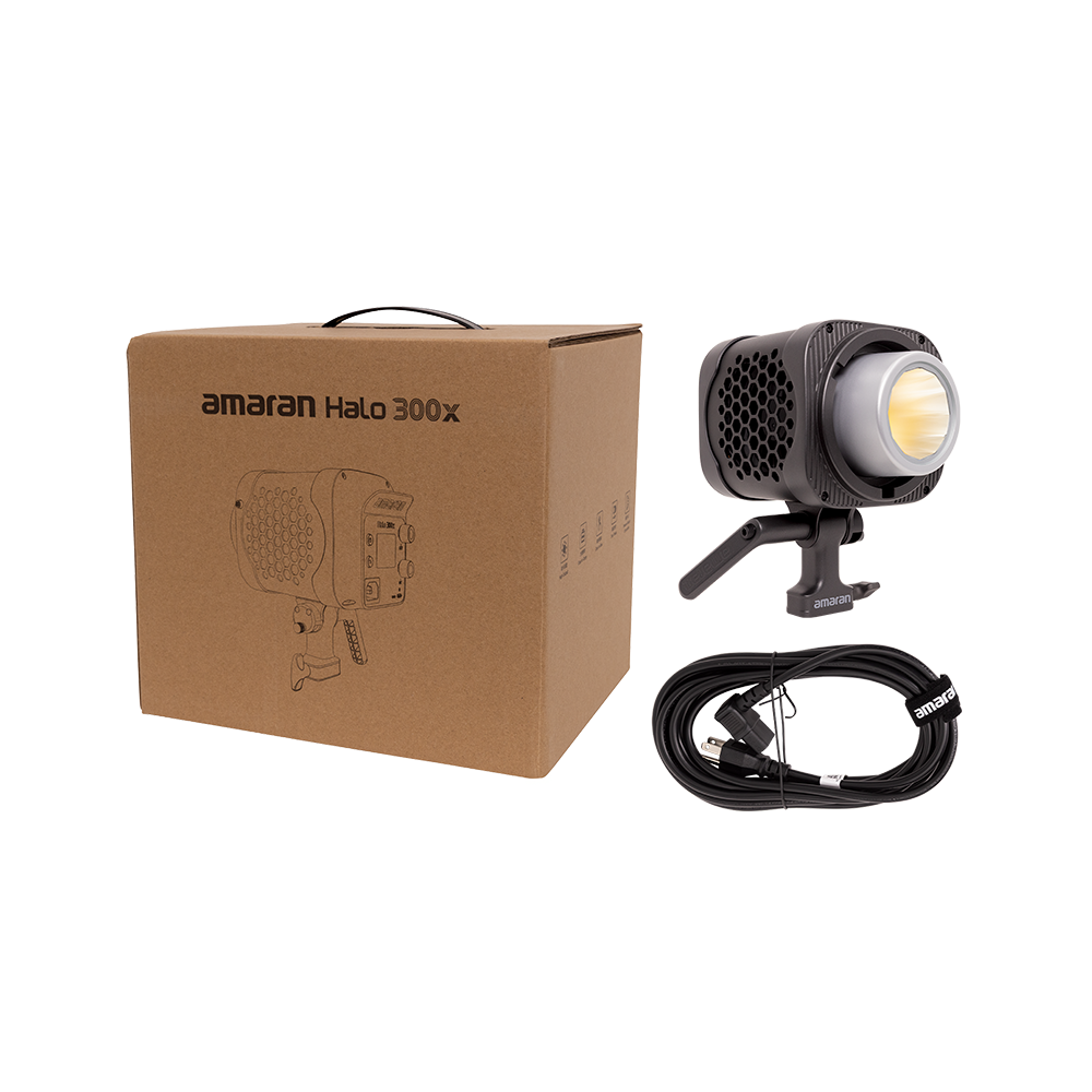 Amaran Halo 300x light with packaging and cable on a white background