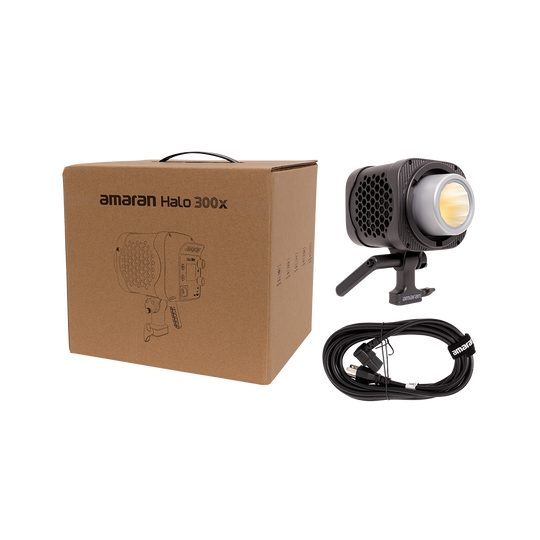 Amaran Halo 300x light with packaging and cable on a white background