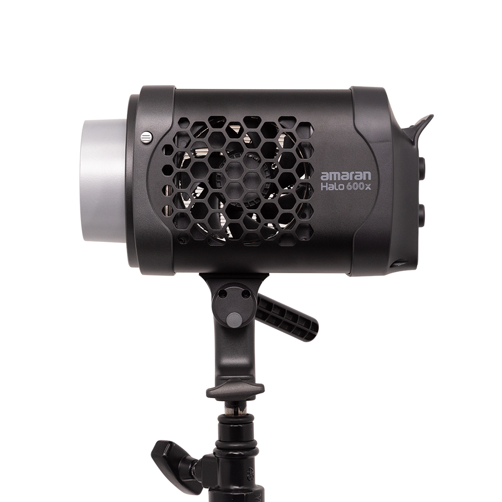 amaran Halo 600x Studio light with honeycomb grid on a stand, featuring 'Amaran' branding.