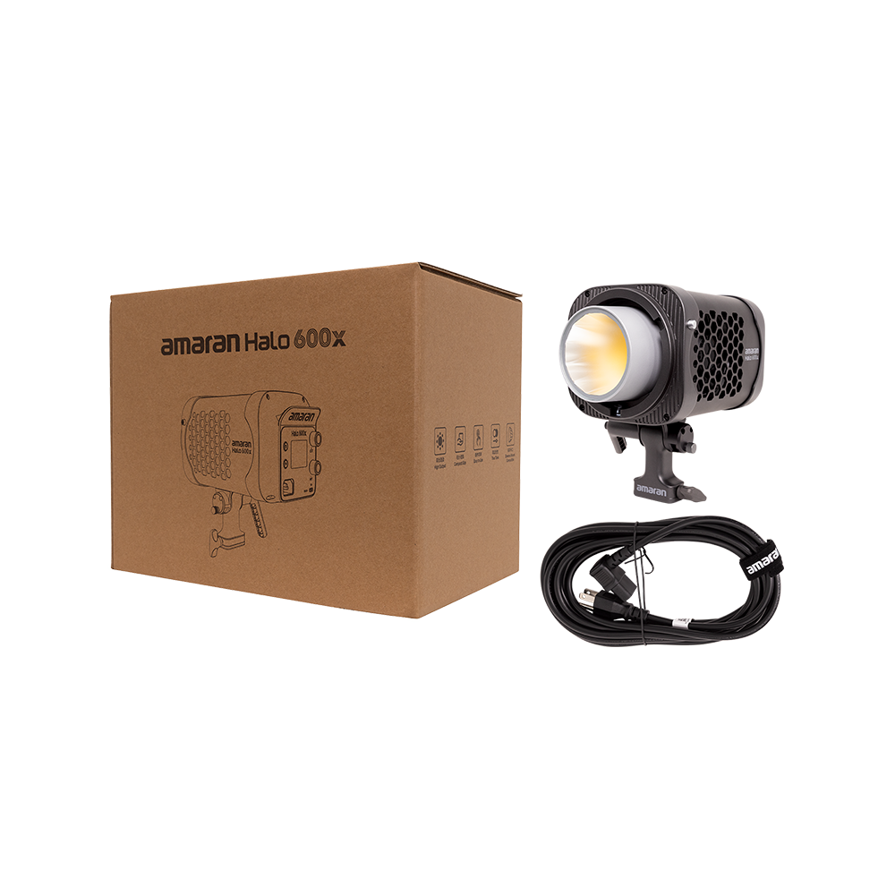 Amaran Halo 600x light with packaging and cable on a white background