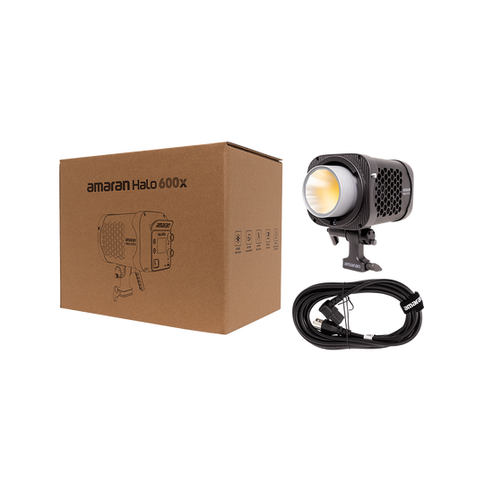 Amaran Halo 600x light with packaging and cable on a white background
