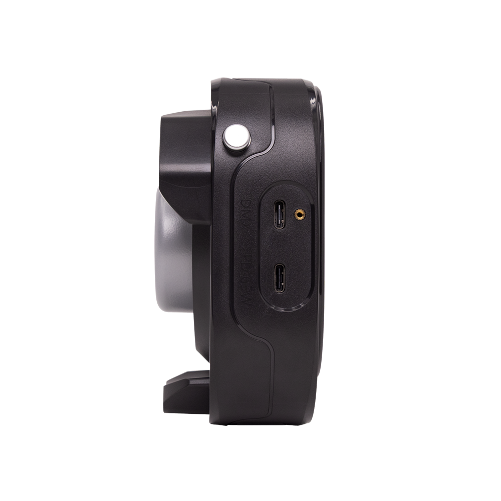 Side view of aamaran Halo 60x LED COB Light with ports on a white background