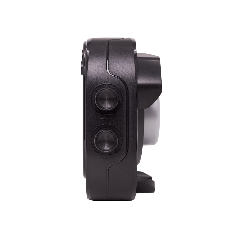Side view of amaran Halo 60x LED COB Light with buttons on white background