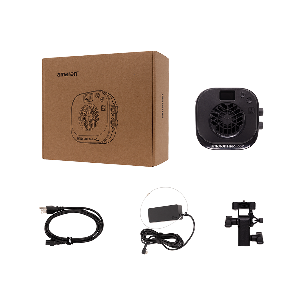Amaran product set including a brown box, amaran Halo 60x, cable, adapter, and mount on a white background.