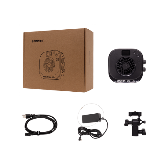 Amaran product set including a brown box, amaran Halo 60x, cable, adapter, and mount on a white background.