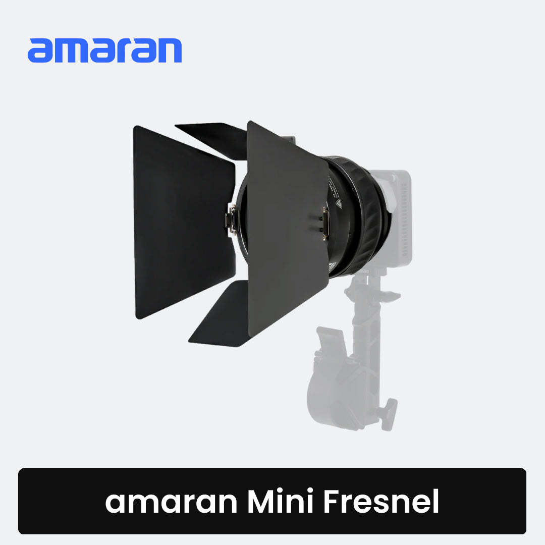 Amaran Mini Fresnel light on a white background with 'amaran' branding.