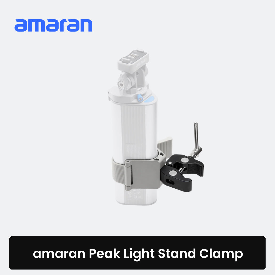 Amaran Peak Light Stand Clamp in black and gray, shown on a light gray background with the Amaran brand logo in blue at the top left and a black label at the bottom reading 'amaran Peak Light Stand Clamp'.