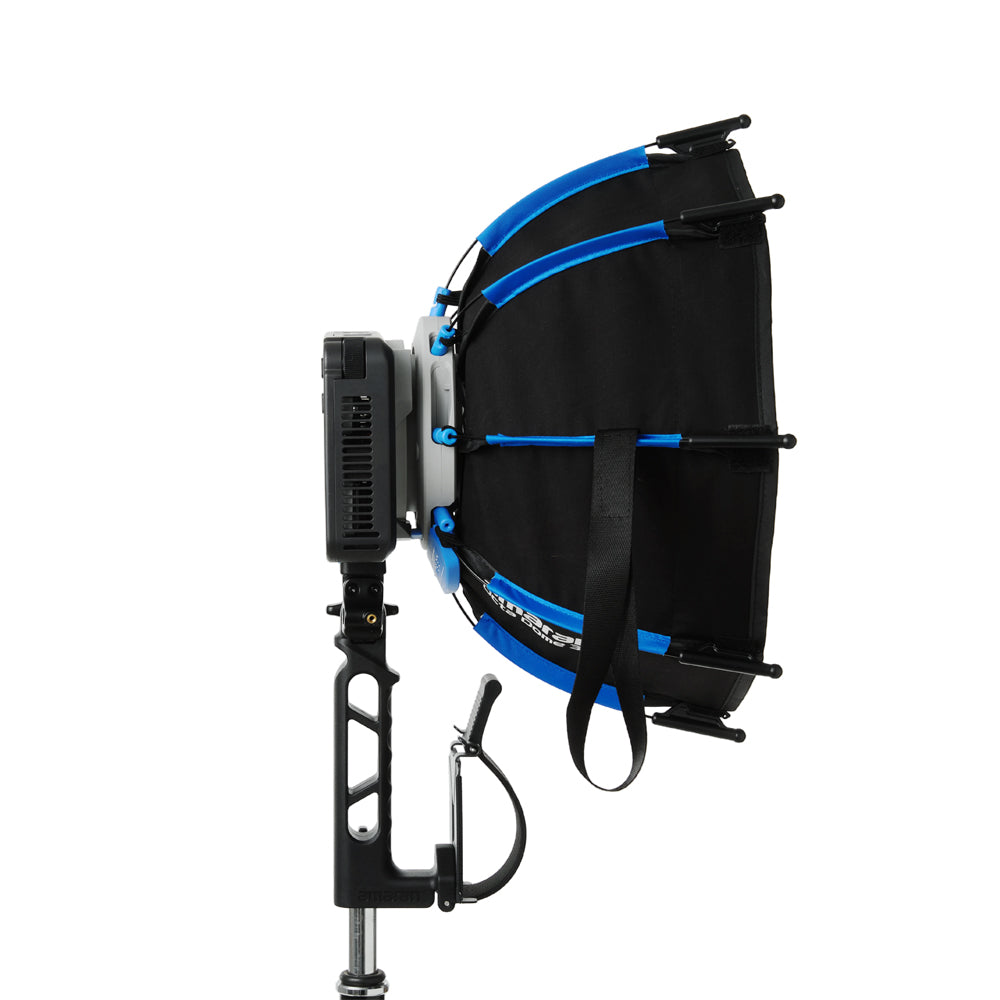 side shot of amaran Ray 120c with amaran octa dome softbox attached on a white background
