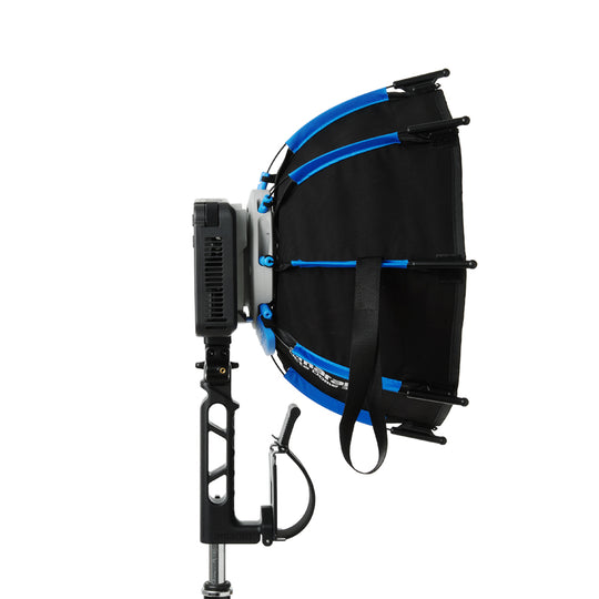 side shot of amaran Ray 120c with amaran octa dome softbox attached on a white background