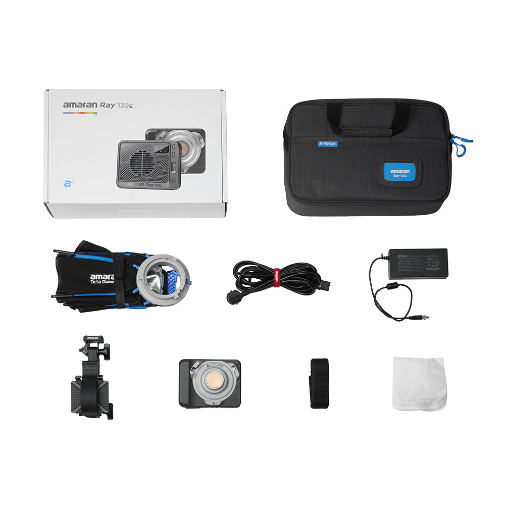 Collection of amaran Ray 120c set including a light, case, and accessories on a white background.