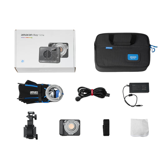 Collection of amaran Ray 120c set including a light, case, and accessories on a white background.