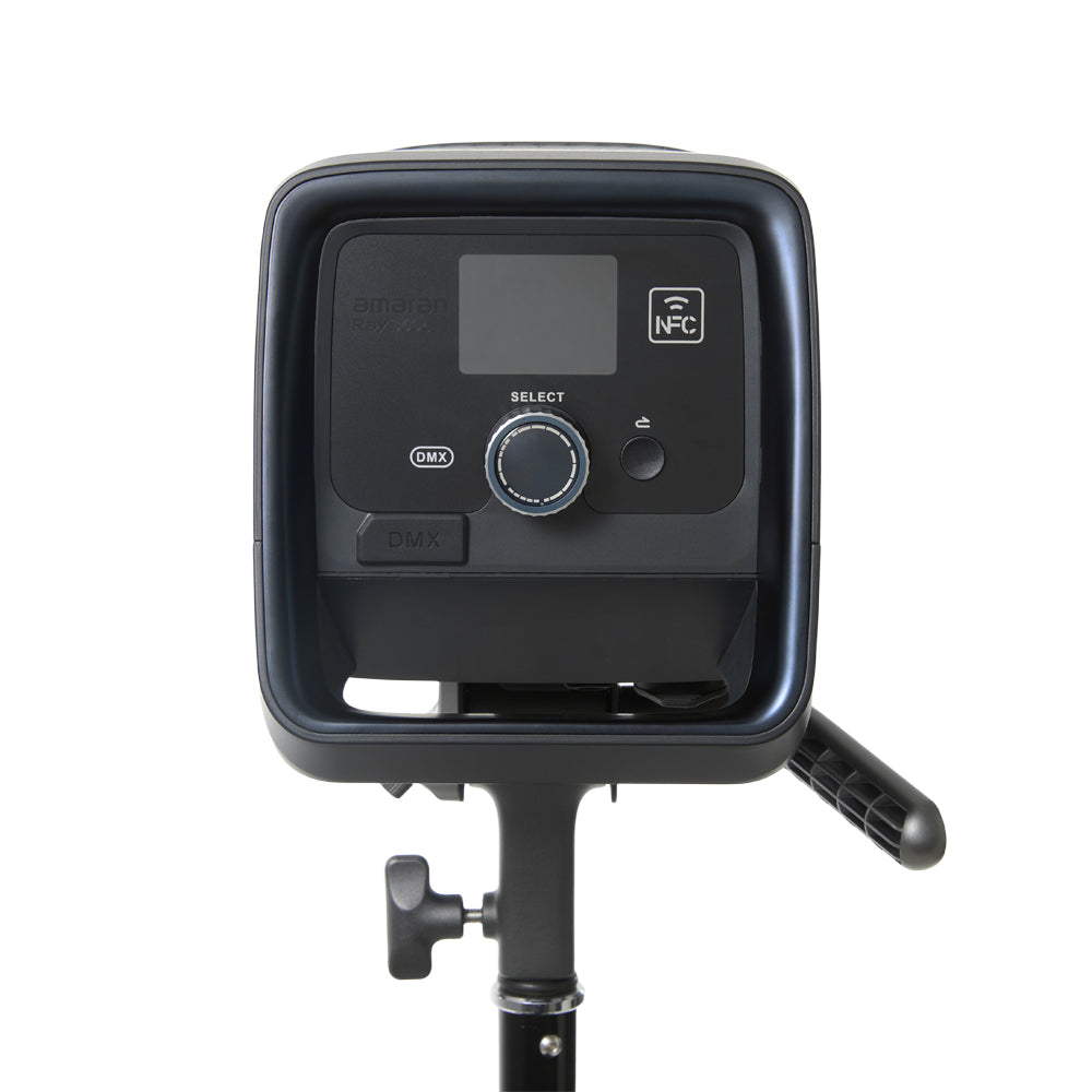 Back view of Amaran Ray 360c studio light with a screen and control buttons on a white background