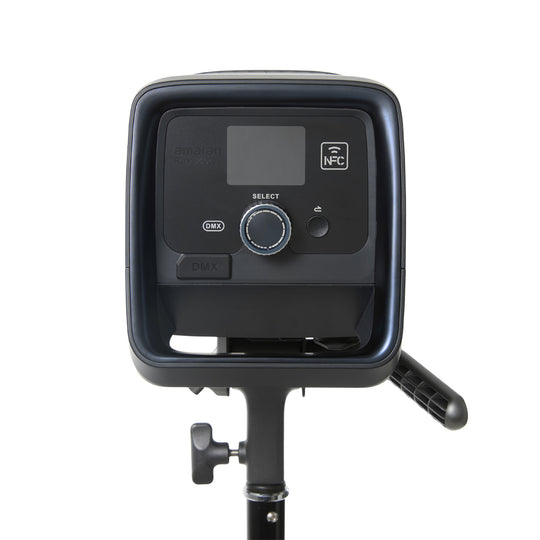 Back view of Amaran Ray 360c studio light with a screen and control buttons on a white background