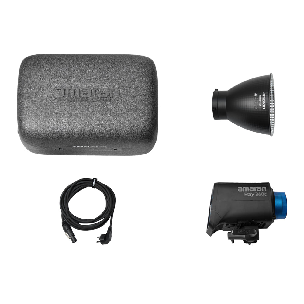 Amaran Ray 360c lighting equipment set including a power pack, light modifier, and cable on a white background