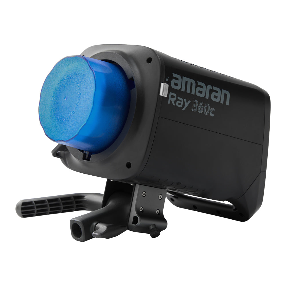 Amaran Ray 360c light modifier with blue gel on a white background