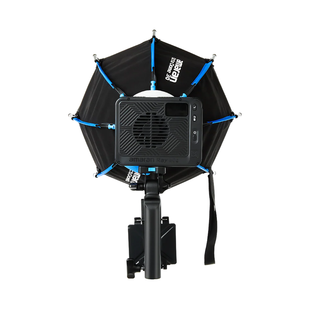 Black and blue light modifier with amaran logo on a white background