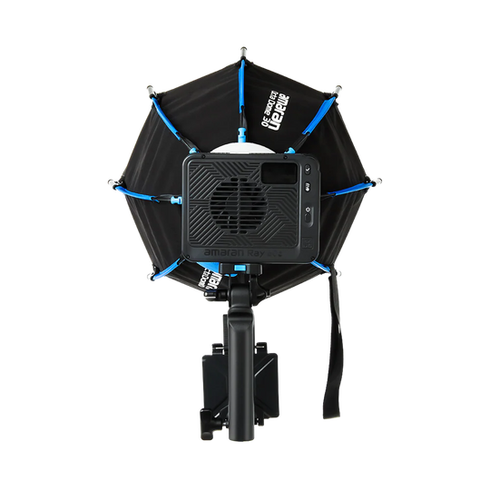 Black and blue light modifier with amaran logo on a white background