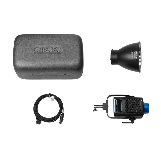 Amaran Ray 660c studio light equipment set with a case, light modifier, and cable on a white background