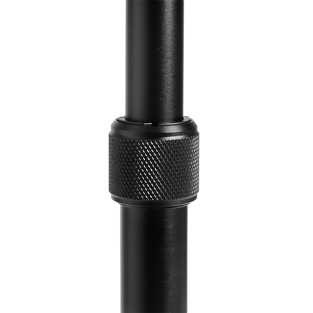 Black metal rod with textured knurled grip on a white background