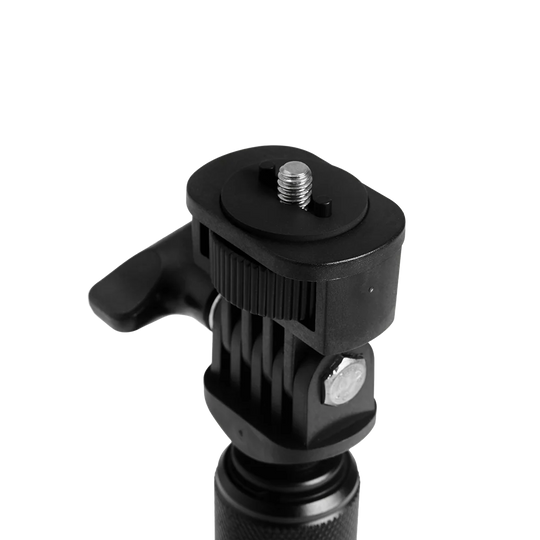 Close-up of a black camera tripod head with a quick-release screw mount and thumb lever, shown on a plain white background.