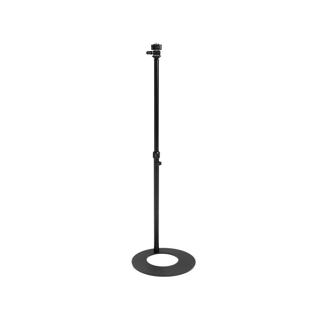 A black metal floor stand with an adjustable vertical pole, a circular base, and a mounting head at the top, shown on a plain white background.