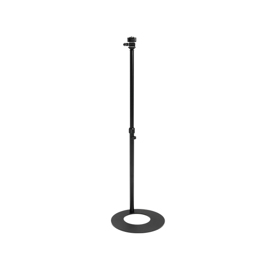 A black metal floor stand with an adjustable vertical pole, a circular base, and a mounting head at the top, shown on a plain white background.