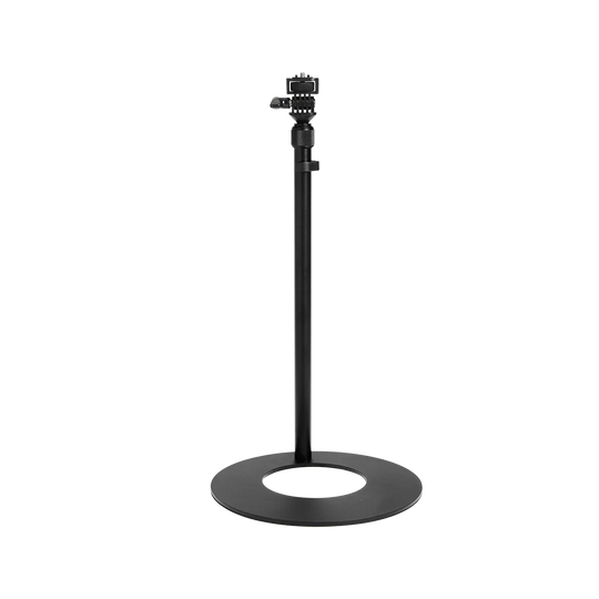 amaran Desk Stand with a circular base and adjustable height, featuring a mounting bracket at the top, shown against a plain white background.