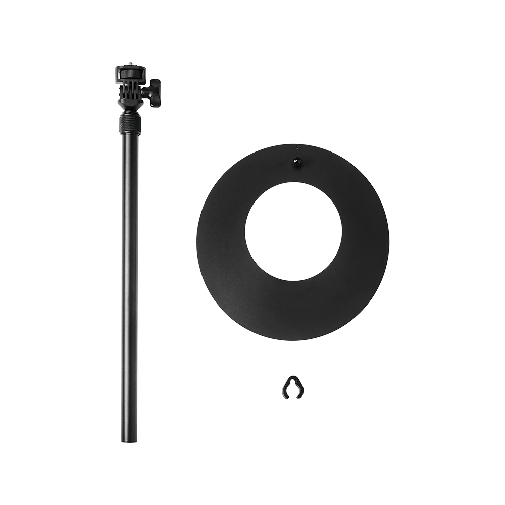 Black metal stand and circular ring accessory set with a small hook, shown on a plain white background.