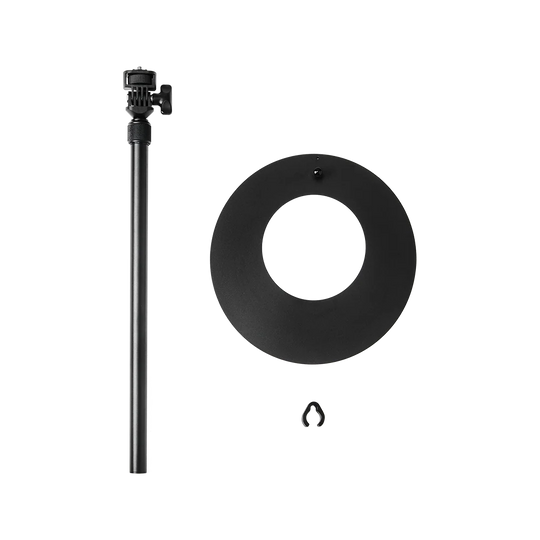 Black metal stand and circular ring accessory set with a small hook, shown on a plain white background.