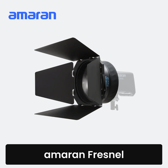 Amaran Fresnel light on a white background with 'amaran' branding.