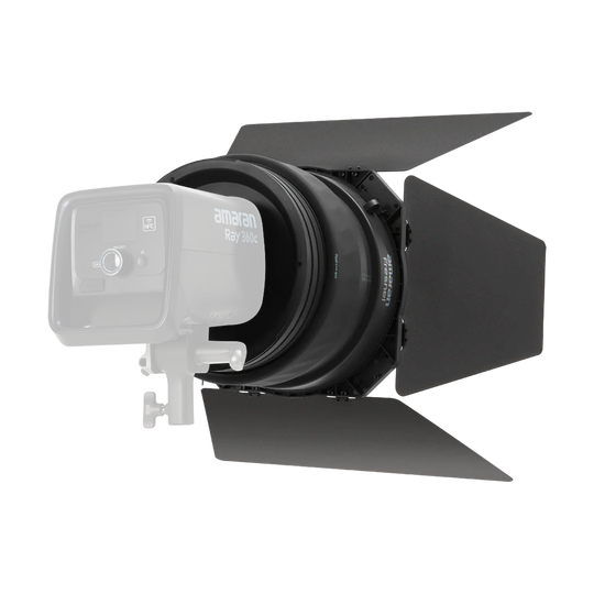 Studio light with barn door and amaran  branding on a white background