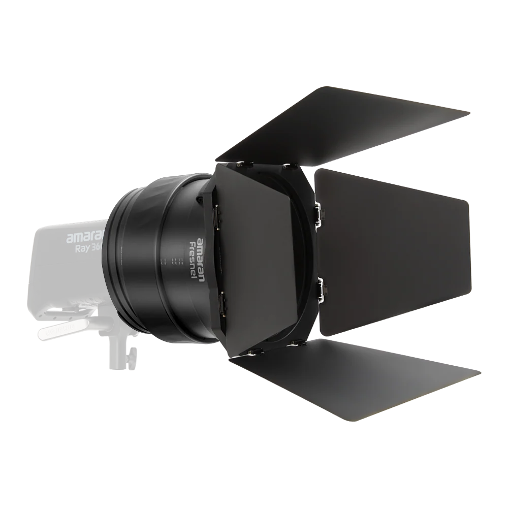 Black studio light with adjustable barn doors on a white background