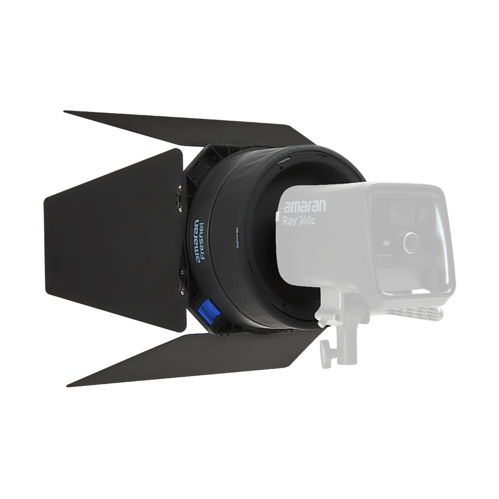 Video light with barn door and mounted accessory on a white background