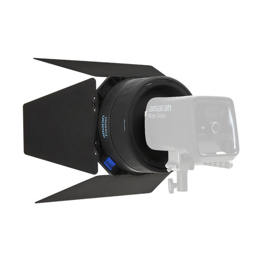 Video light with barn door and mounted accessory on a white background