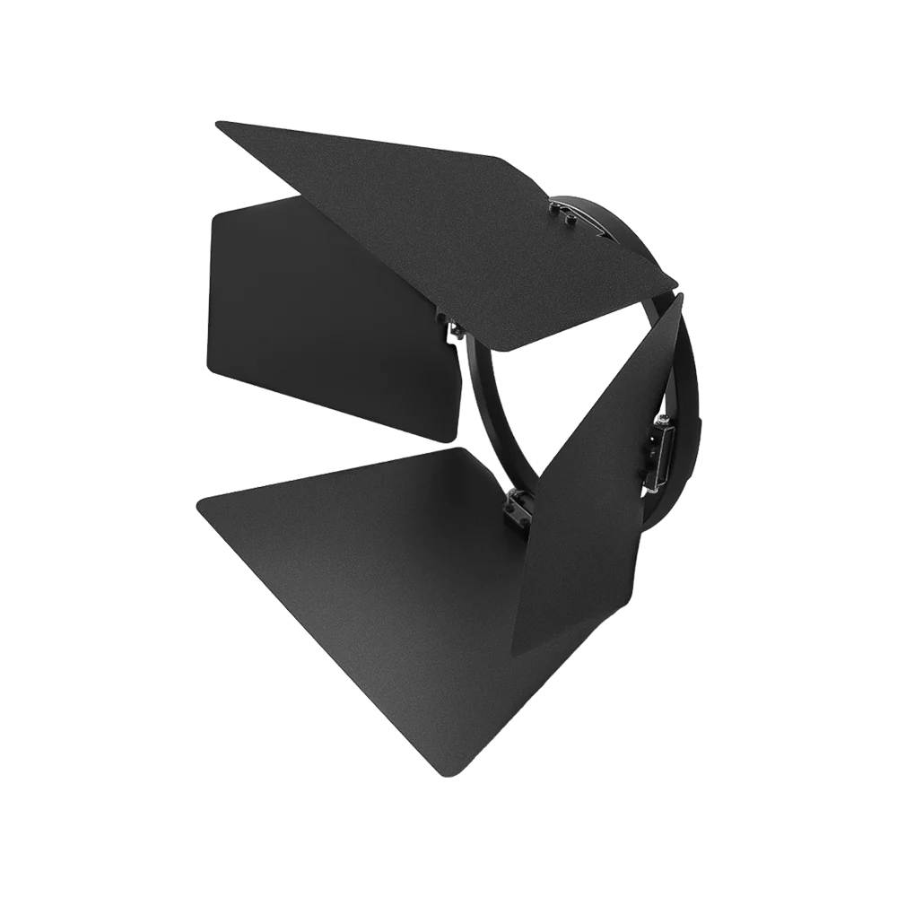 Black studio light with adjustable panels on a white background