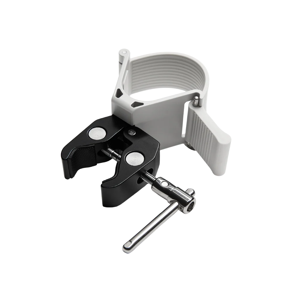 A black and white adjustable clamp fixture with a silver metal adjustment screw and wrench, shown on a solid white background.