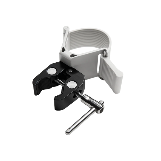 A black and white adjustable clamp fixture with a silver metal adjustment screw and wrench, shown on a solid white background.
