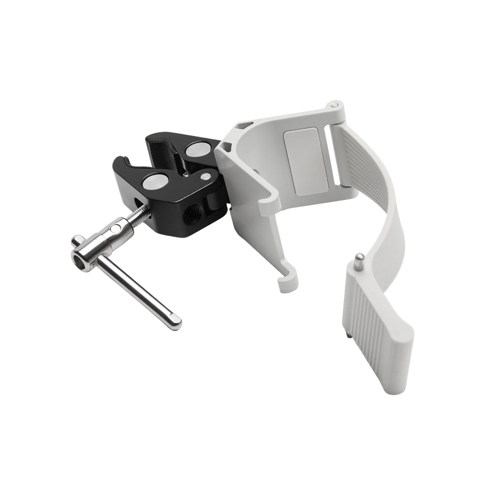 A white plastic mounting bracket with a black clamp and a silver adjustment wrench, shown on a solid white background.