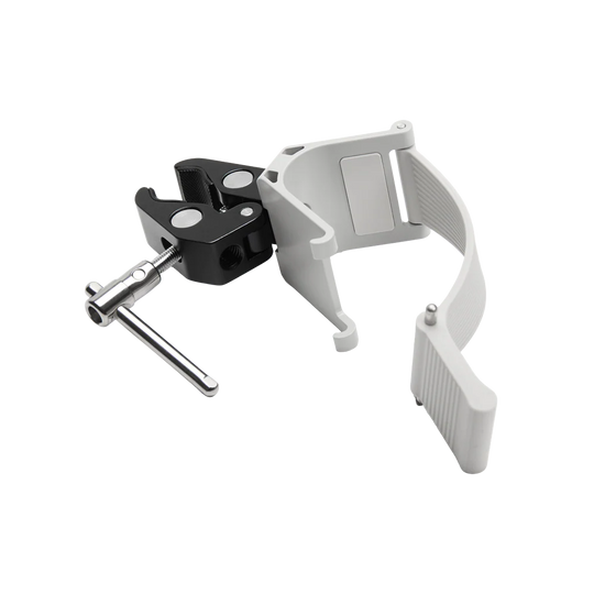 A white plastic mounting bracket with a black clamp and a silver adjustment wrench, shown on a solid white background.