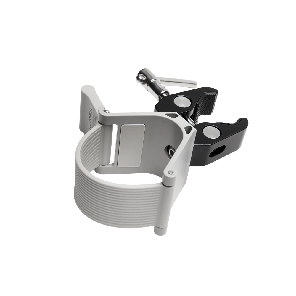 Amaran Peak Light Stand Clamp in black and gray, shown on a light gray background with the Amaran brand logo in blue at the top left and a black label at the bottom reading 'amaran Peak Light Stand Clamp'.