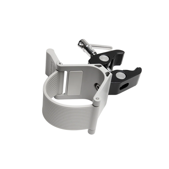 amaran Peak Light Stand Clamp shown on a solid white background, featuring a light gray ribbed plastic front section and a black metal mounting bracket with silver hardware.