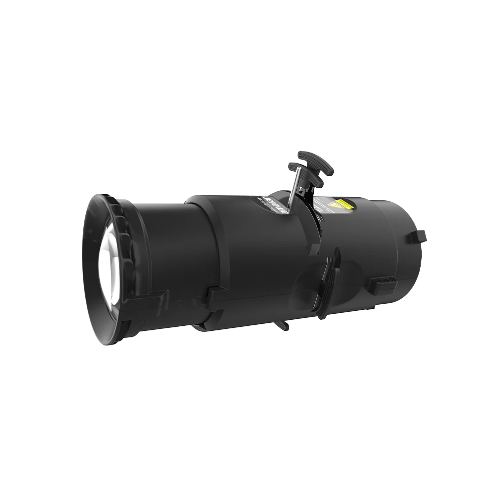 A black studio spotlight with a front lens, adjustment knobs, and a visible brand label reading &