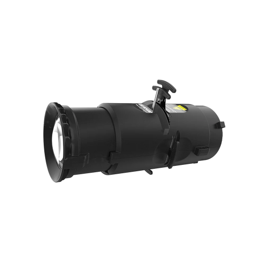 A black studio spotlight with a front lens, adjustment knobs, and a visible brand label reading &