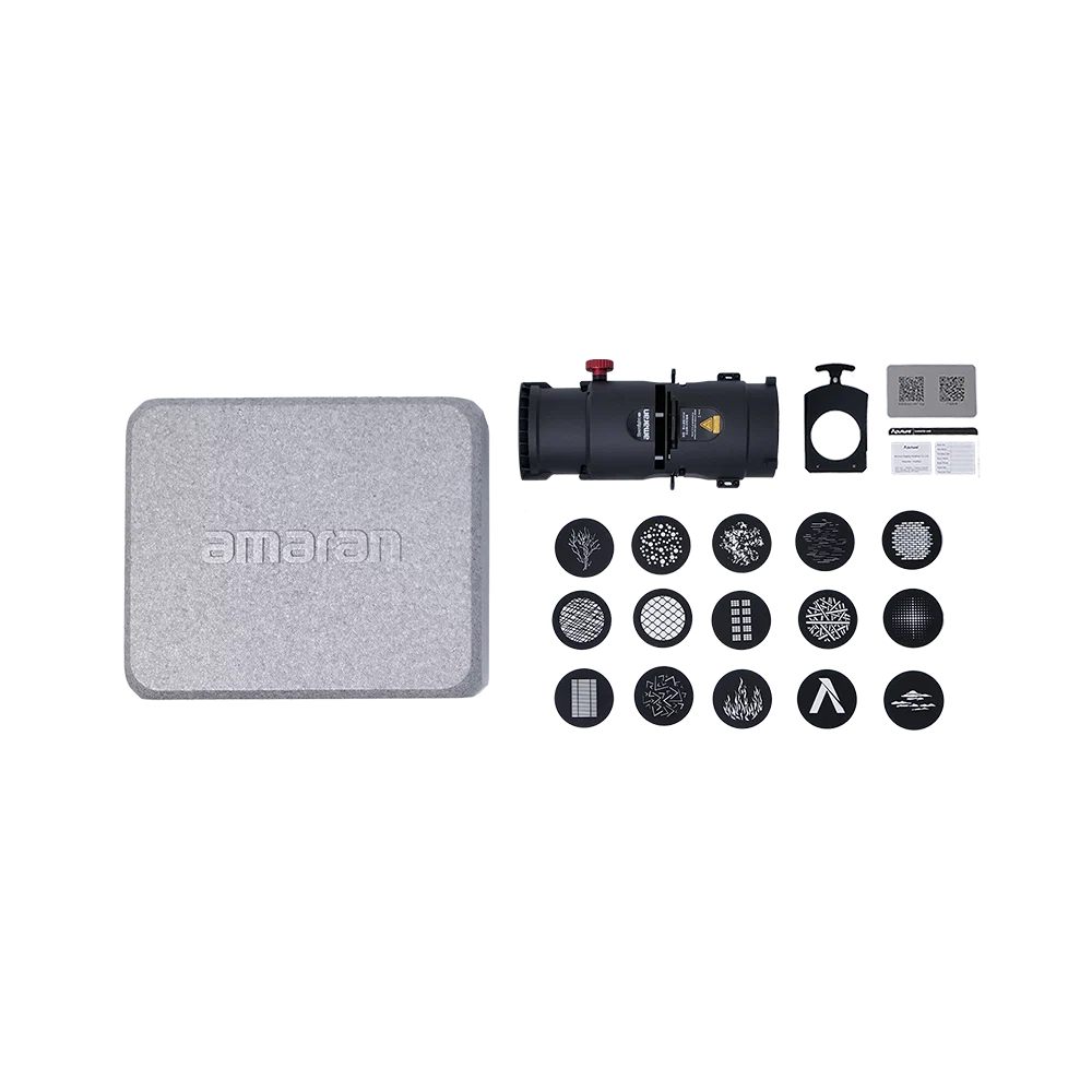 Amaran camera accessory kit on a white background, including a textured gray hard case, a black camera lens adapter with red and yellow details, a black ring, a small gray card, and multiple circular lens filters arranged in rows.