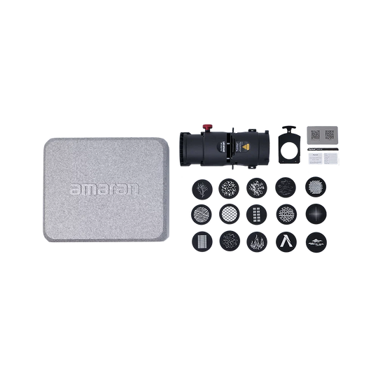Amaran camera accessory kit on a white background, including a textured gray hard case, a black camera lens adapter with red and yellow details, a black ring, a small gray card, and multiple circular lens filters arranged in rows.