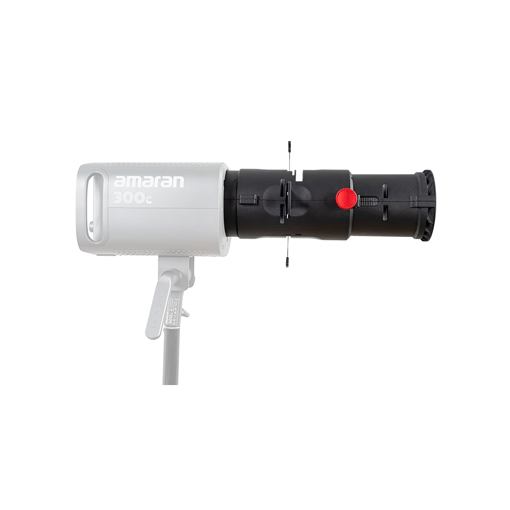 Amaran 300c studio light modifier with a white and black body, featuring a red release button and a gray stand, shown against a solid white background.